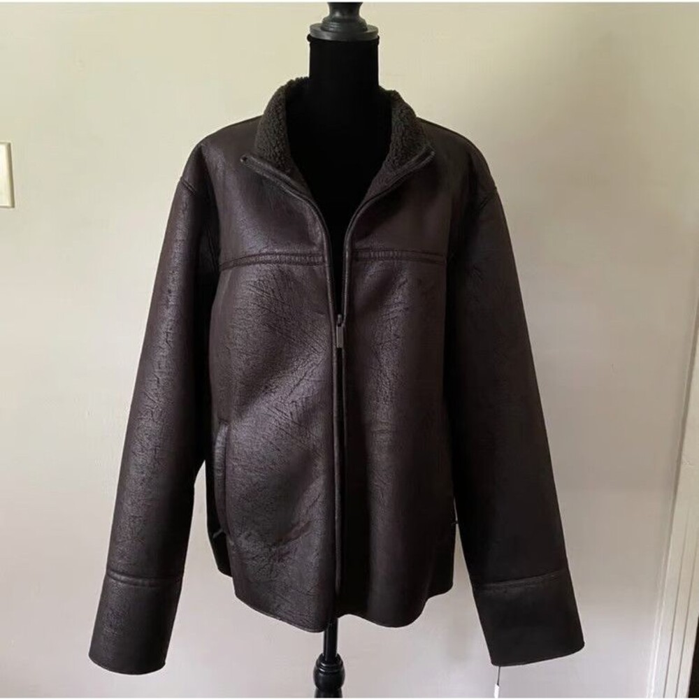 Calvin Klein Faux Shearling Jacket Mens M Chocolate Brown Sherpa Lined Coat NWT